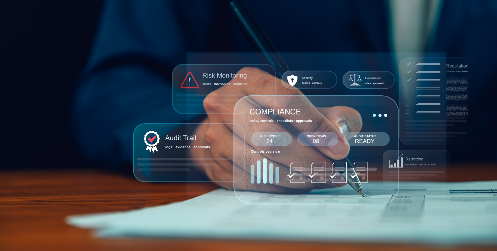 Mano che firma un documento con sovrapposte interfacce digitali dedicate a compliance, monitoraggio dei rischi, audit, sicurezza e governance.