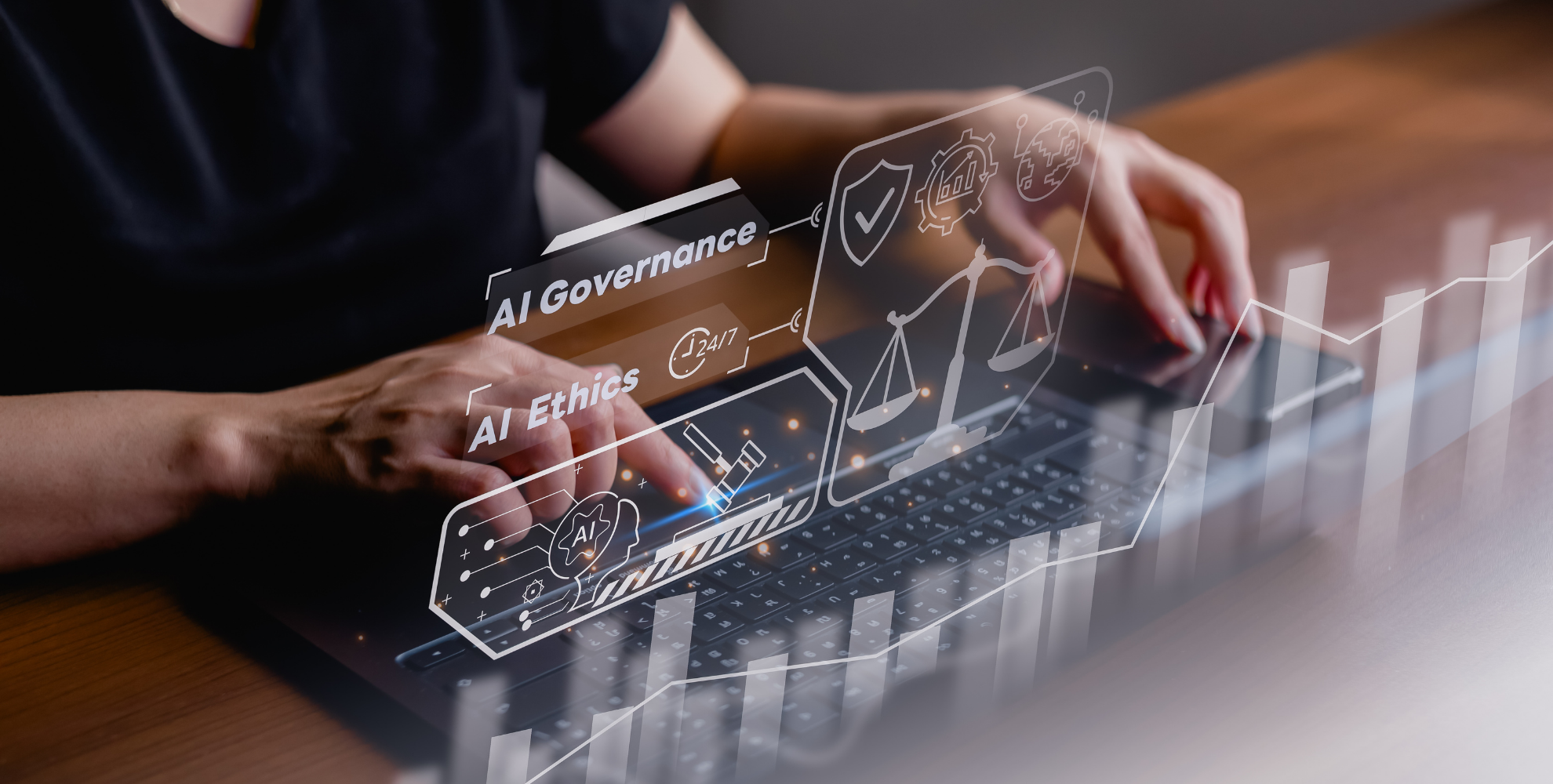 Persona al computer portatile con sovrapposizioni grafiche dedicate alla governance e all’etica dell’intelligenza artificiale, tra simboli di controllo, giustizia e analisi dei dati.