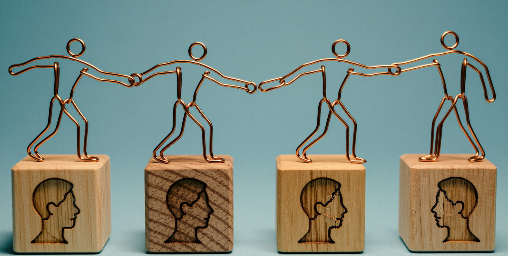 Quattro figure stilizzate in filo metallico si tengono per mano, ciascuna su un cubo di legno con il profilo di un volto, a rappresentare connessione, collaborazione e supporto tra persone.