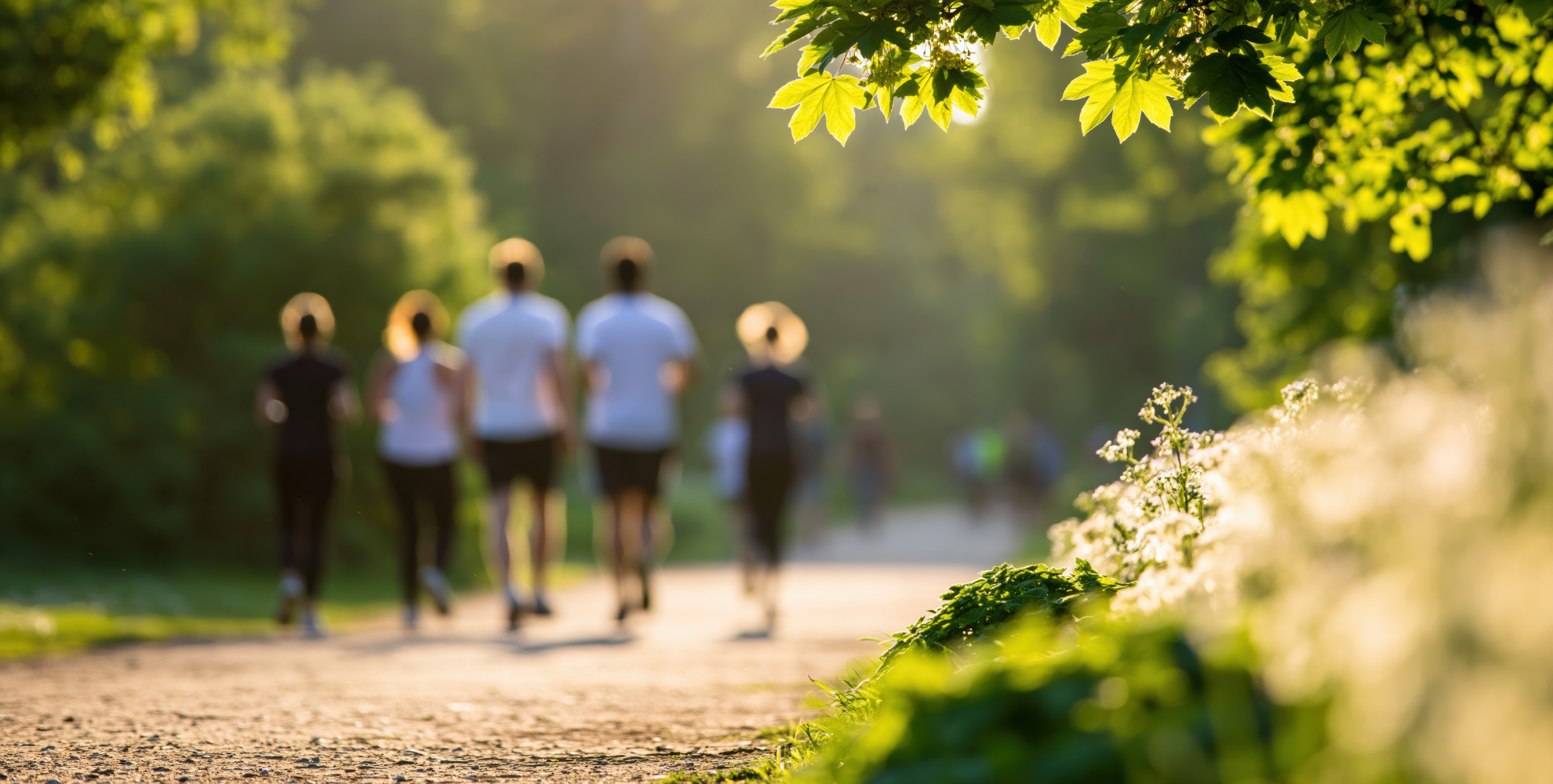 Gruppo di persone che cammina e corre lungo un sentiero immerso nel verde, illuminato dalla luce del sole, tra alberi e vegetazione.