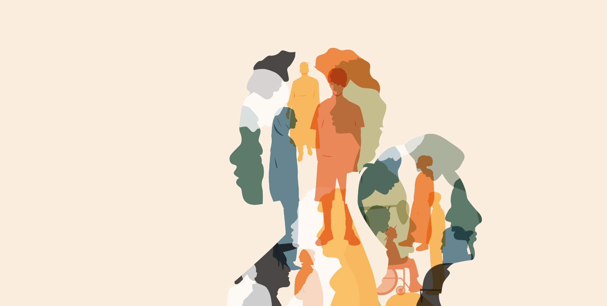 Illustrazione astratta su sfondo beige con profili e figure umane sovrapposte, in una palette di colori caldi e naturali, a rappresentare diversità, inclusione e comunità.