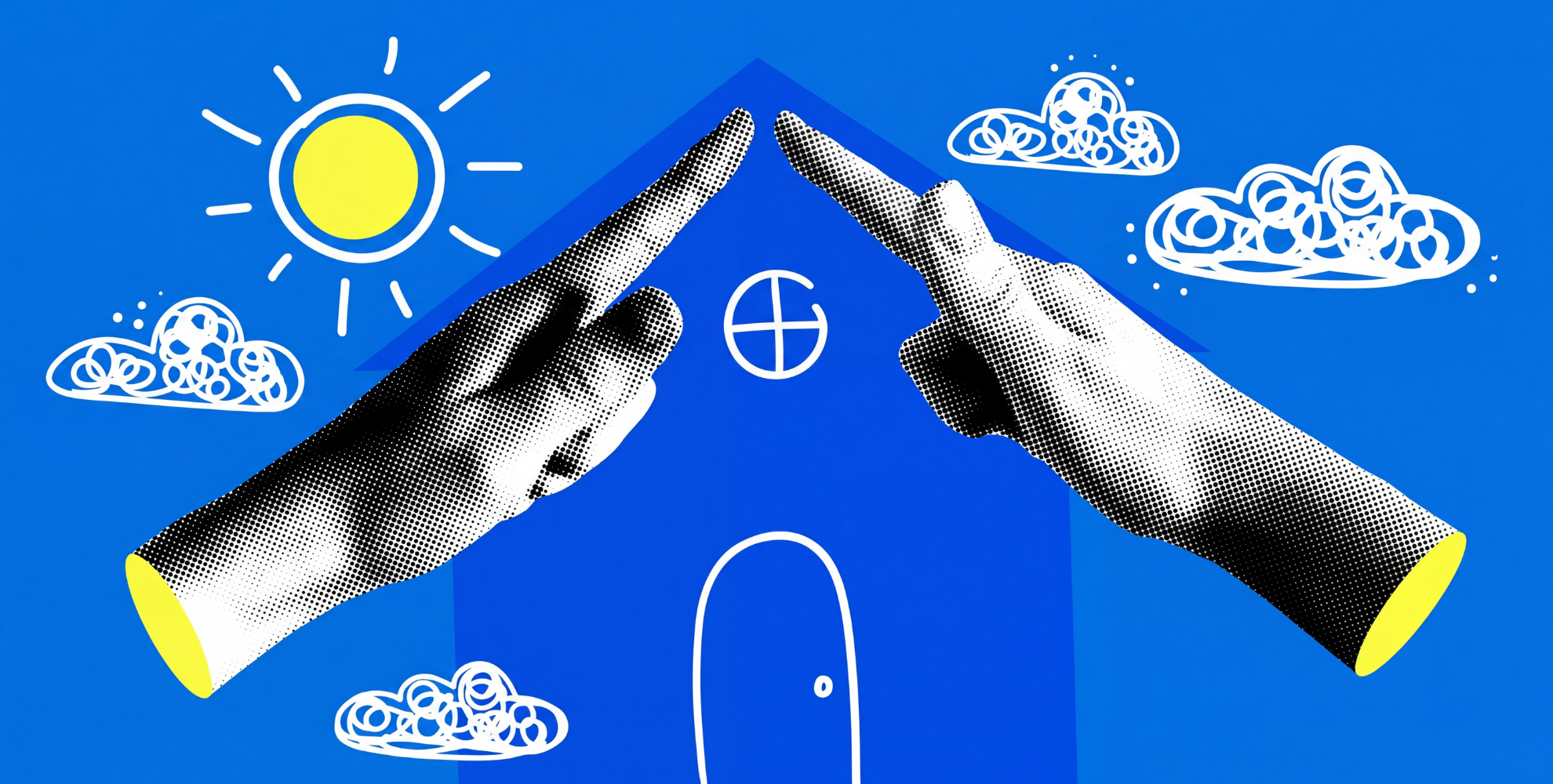 Illustrazione grafica su sfondo blu con due mani in bianco e nero che formano il tetto di una casa stilizzata, circondata da sole e nuvole disegnati a mano.