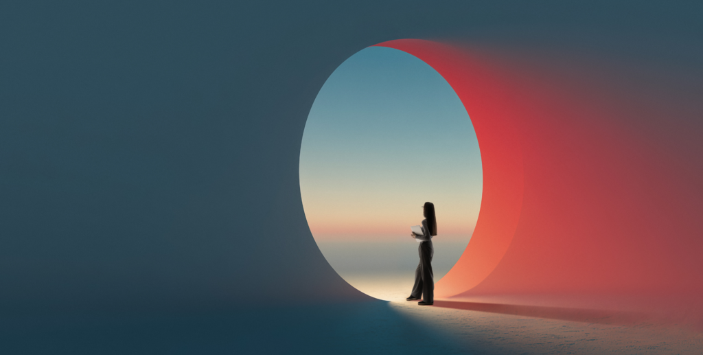 Illustrazione concettuale di una donna con laptop davanti a un grande portale ovale luminoso, tra tonalità blu e rosso corallo, simbolo di innovazione, futuro e nuove opportunità.